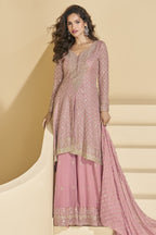 Pink Georgette Palazo Suit For Indian & Pakistani Wedding Festival - Sequence & Thread Embroidery Work