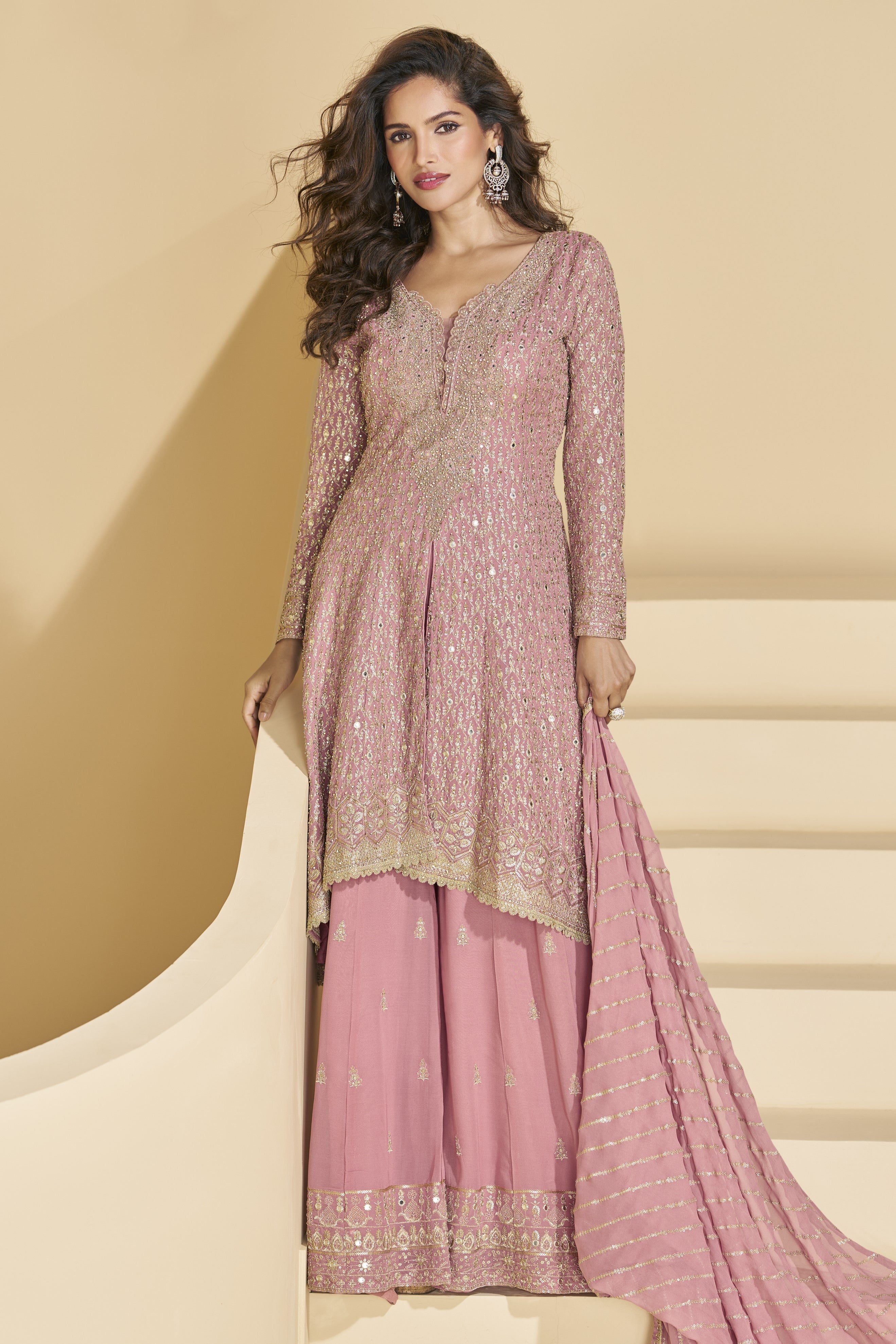 Pink Georgette Palazo Suit For Indian & Pakistani Wedding Festival - Sequence & Thread Embroidery Work