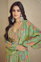 Green Chinon Silk Plazo Choli With Jacket For Indian & Pakistani Weddings Festival - Embroidery Work, Print Work
