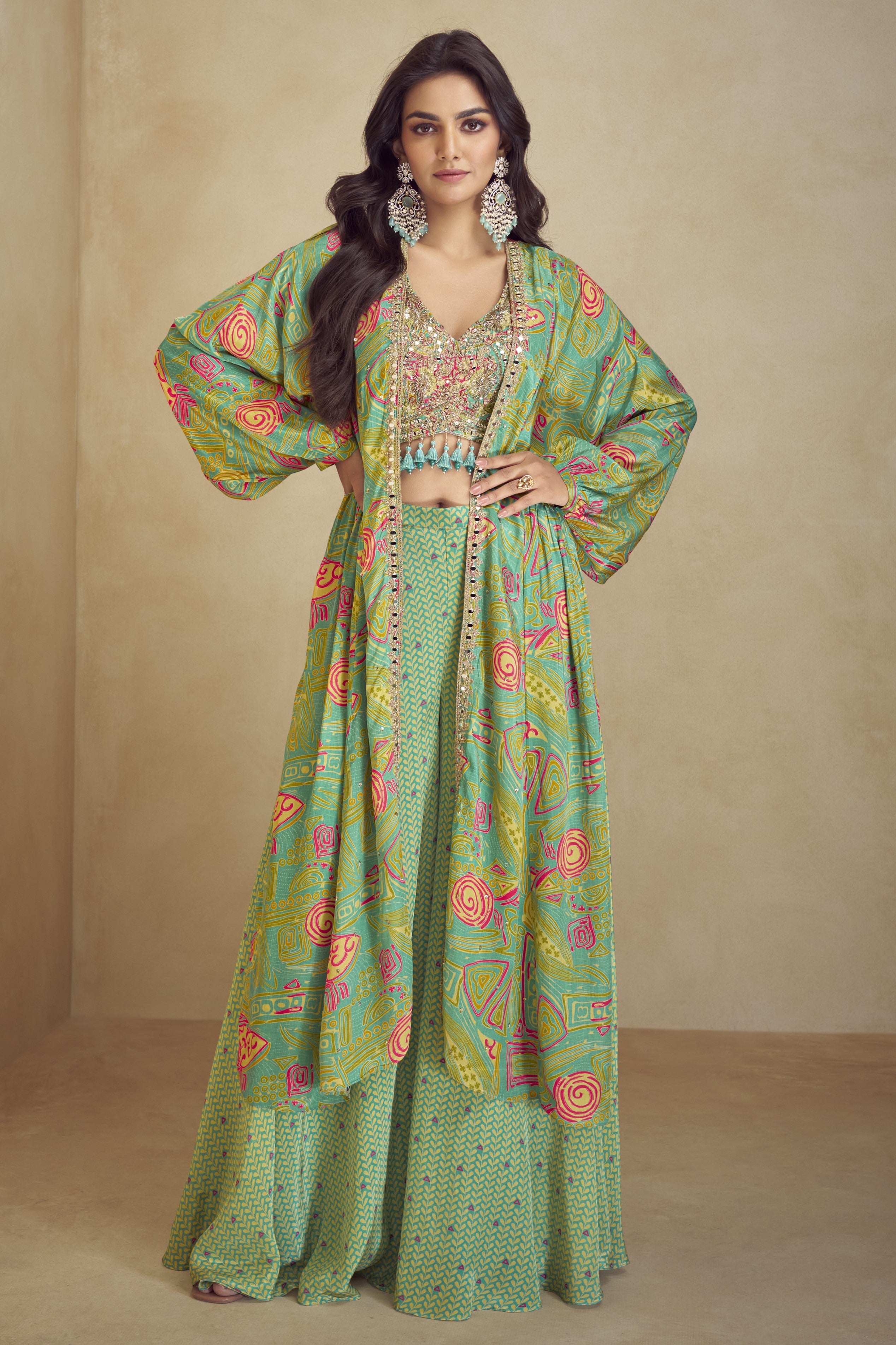 Green Chinon Silk Plazo Choli With Jacket For Indian & Pakistani Wedding Festival - Embroidery Work, Print Work
