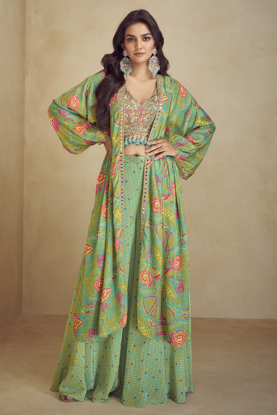 Green Chinon Silk Plazo Choli With Jacket For Indian & Pakistani Wedding Festival - Embroidery Work, Print Work