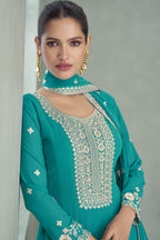 Teal Georgette Anarkali Suit For Indian & Pakistani Wedding Festival - Embroidery Work