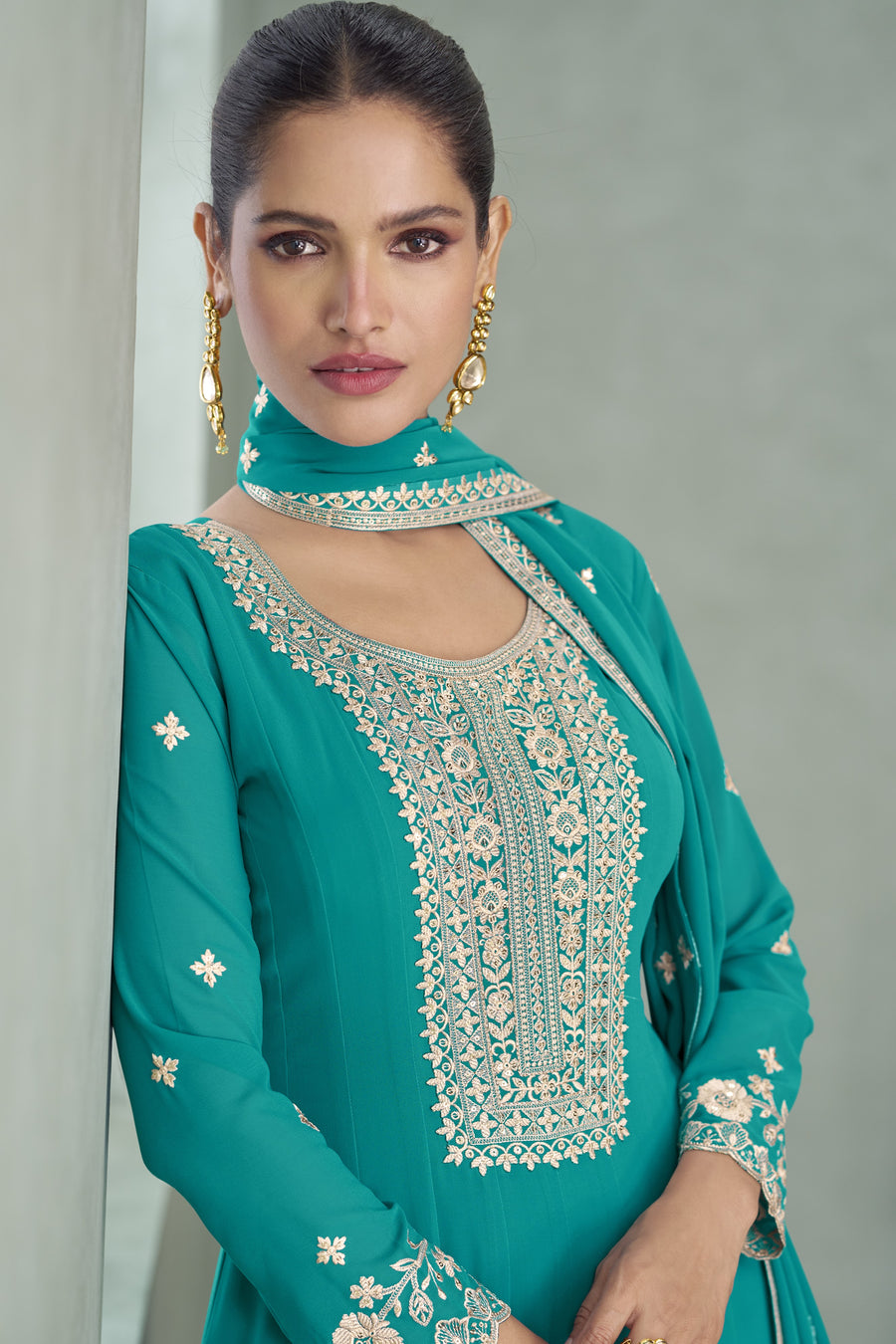 Teal Georgette Anarkali Suit For Indian & Pakistani Wedding Festival - Embroidery Work