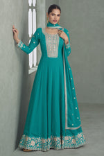 Teal Georgette Anarkali Suit For Indian & Pakistani Wedding Festival - Embroidery Work