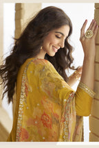 Mustard Yellow Chinon Silk Sharara Suit For Indian & Pakistani Wedding Festival - Thread & Sequins Embroidery Work, Print Work