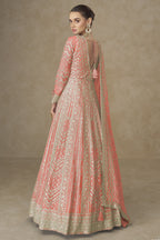 Light Orange Chinon Silk Anarkali Suit For Indian & Pakistani Wedding Festival - Thread Sequence Embroidery