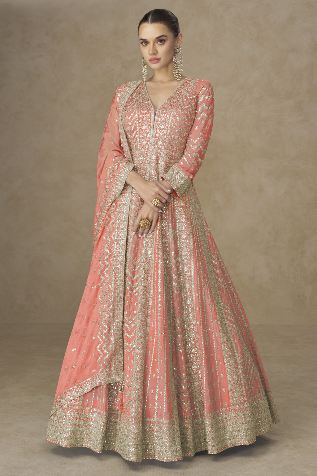 Light Orange Chinon Silk Anarkali Suit For Indian & Pakistani Wedding Festival - Thread Sequence Embroidery