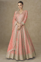 Light Orange Chinon Silk Anarkali Suit For Indian & Pakistani Wedding Festival - Thread Sequence Embroidery
