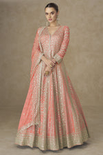 Light Orange Chinon Silk Anarkali Suit For Indian & Pakistani Wedding Festival - Thread Sequence Embroidery