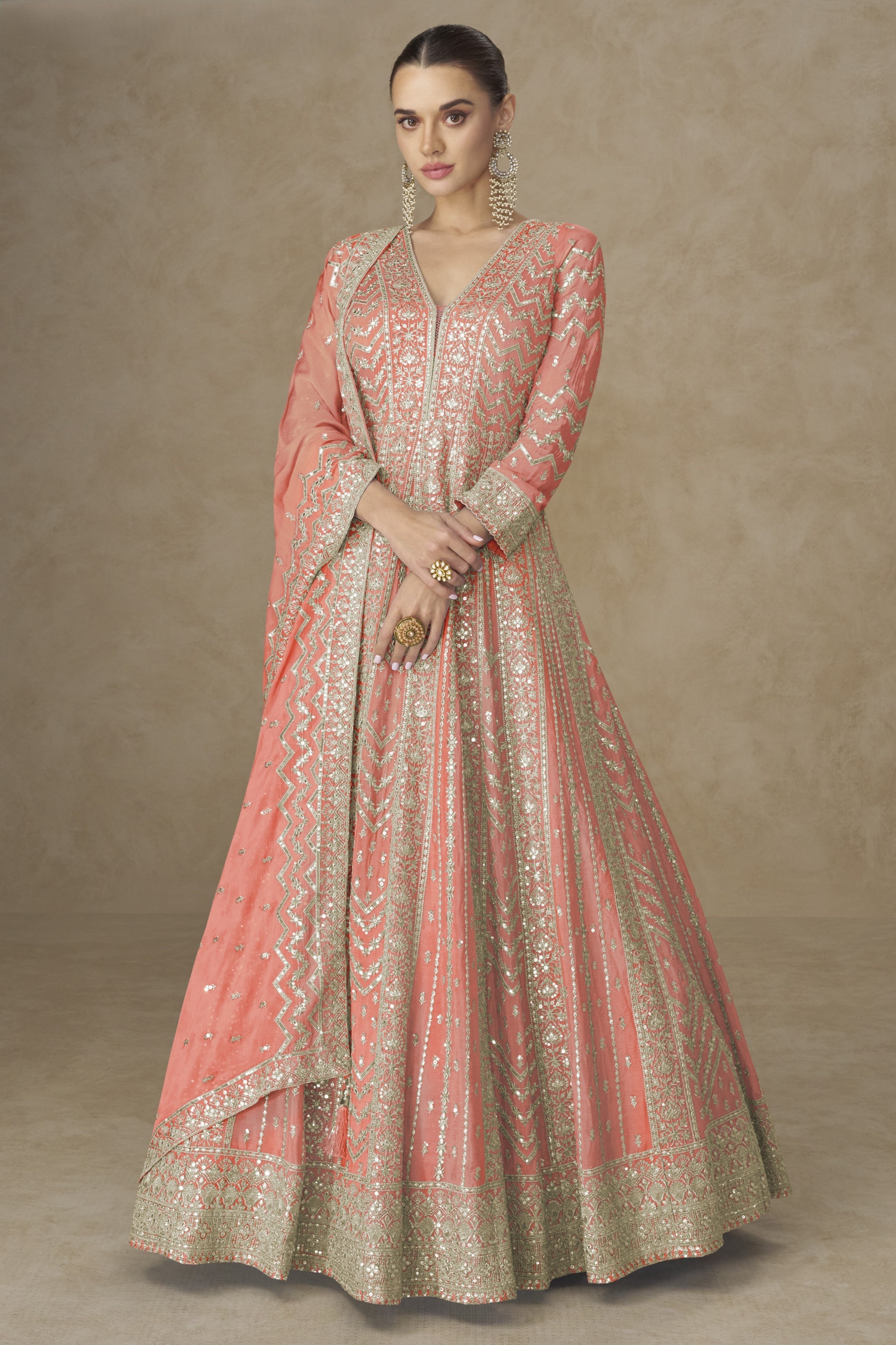 Light Orange Chinon Silk Anarkali Suit For Indian & Pakistani Wedding Festival - Thread Sequence Embroidery