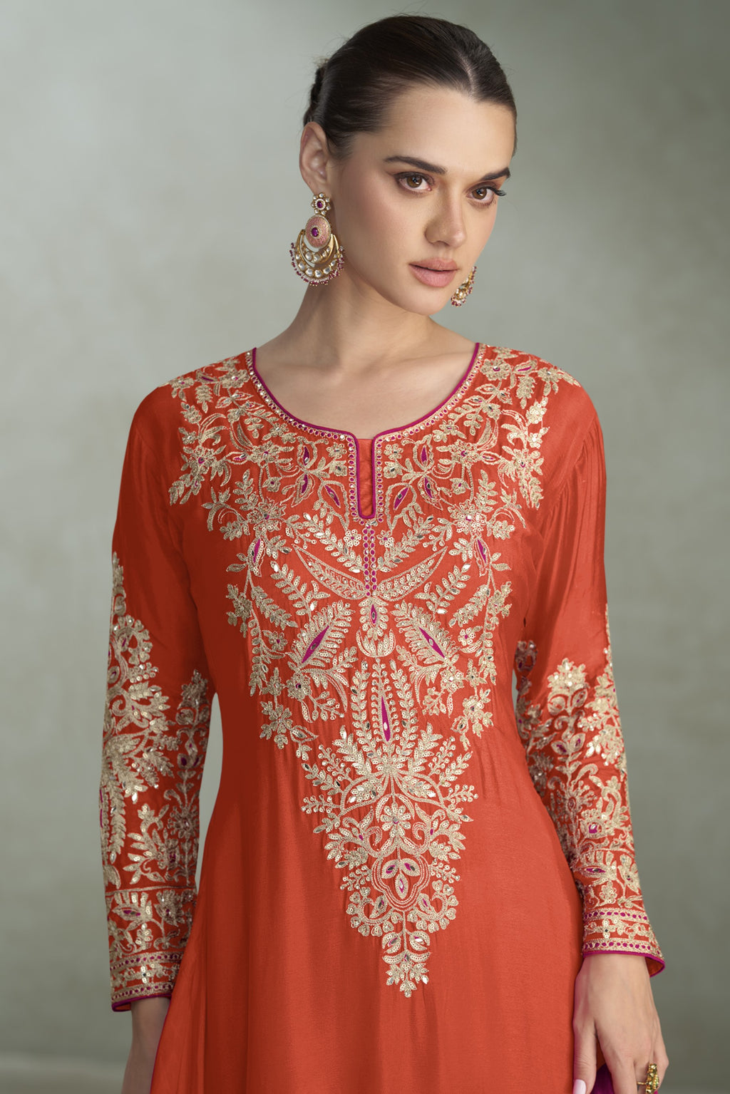 Orange Chinon Silk Kameez With Plazo Suit For Indian & Pakistani Wedding Festival - Thread & Sequence Embroidery