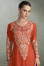 Orange Chinon Silk Kameez With Plazo Suit For Indian & Pakistani Wedding Festival - Thread & Sequence Embroidery