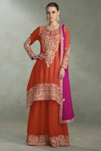 Orange Chinon Silk Kameez With Plazo Suit For Indian & Pakistani Wedding Festival - Thread & Sequence Embroidery