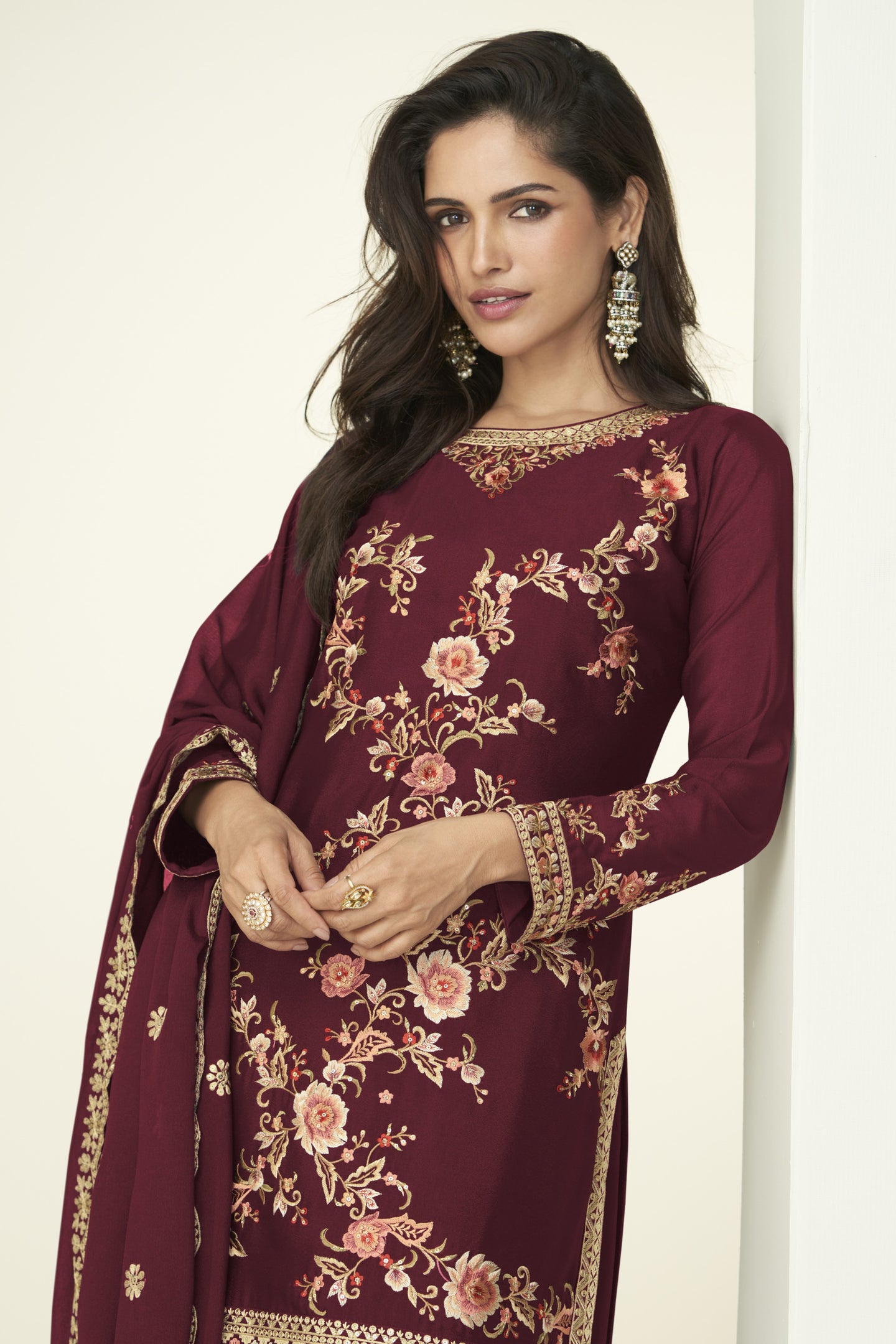 Red Chinon Silk Plazo Suits For Indian & Pakistani Wedding Festival - Thread Embroidery Work