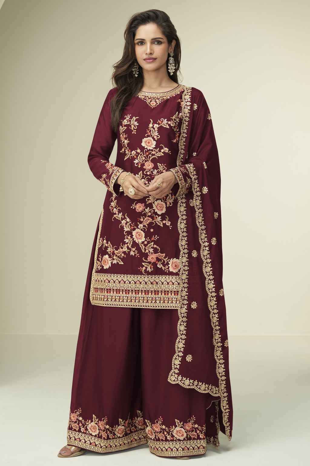 Red Chinon Silk Plazo Suits For Indian & Pakistani Wedding Festival - Thread Embroidery Work