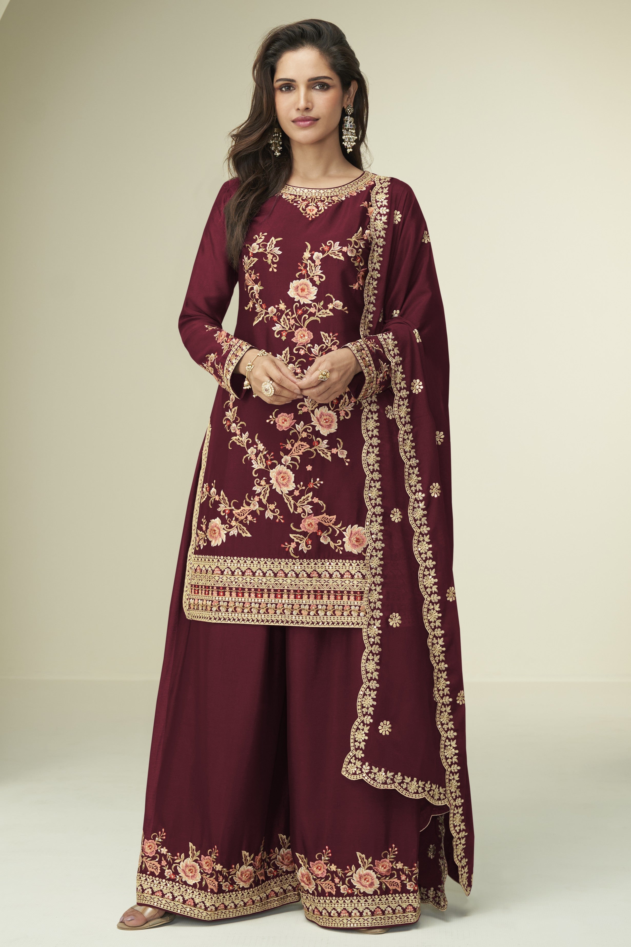 Red Chinon Silk Plazo Suits For Indian & Pakistani Wedding Festival - Thread Embroidery Work