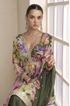 Green Chinon Silk Floral Plazo Suit For Indian & Pakistani Wedding Festival - Thread & Sequins Embroidery Work, Print Work