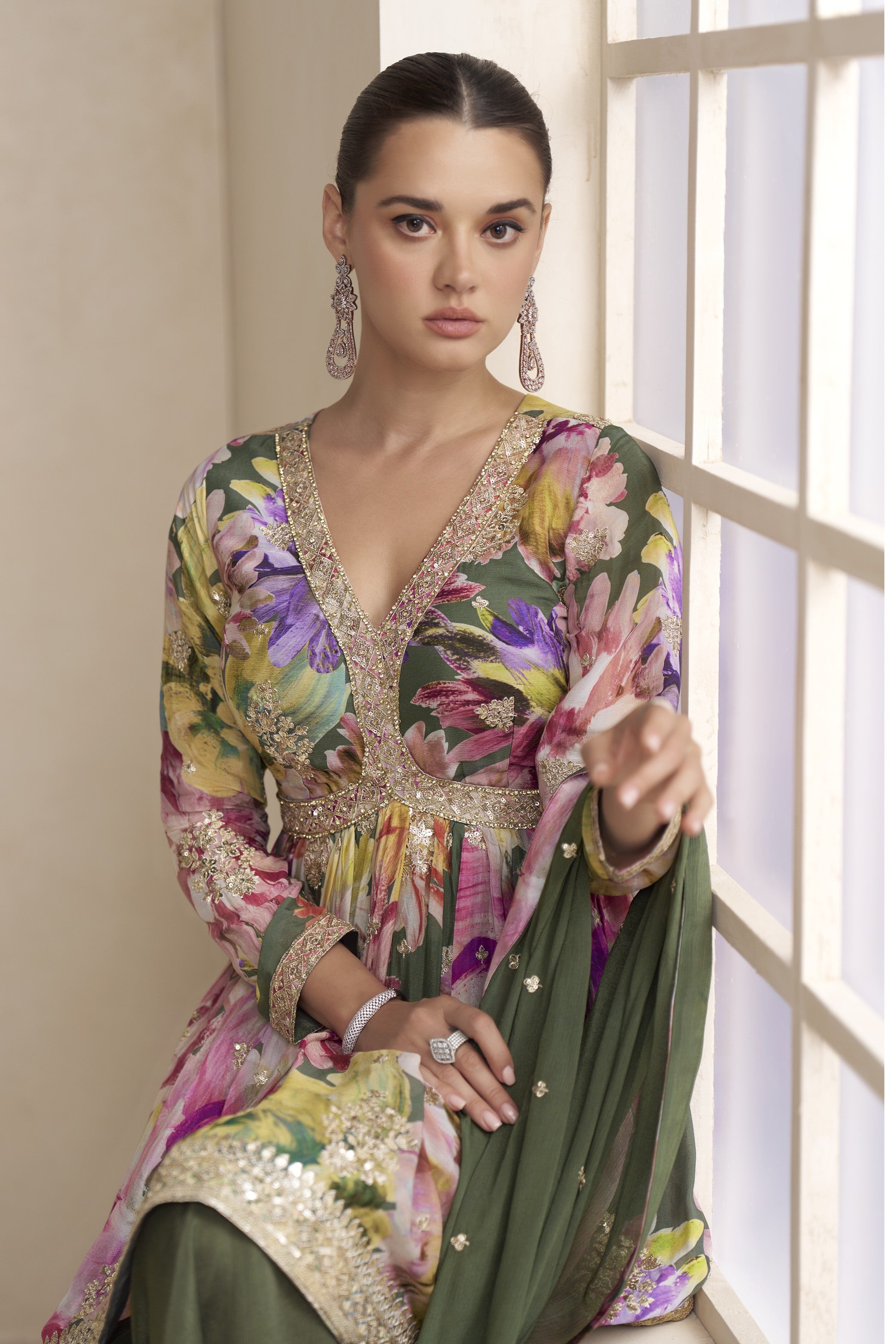 Green Chinon Silk Floral Plazo Suit For Indian & Pakistani Wedding Festival - Thread & Sequins Embroidery Work, Print Work