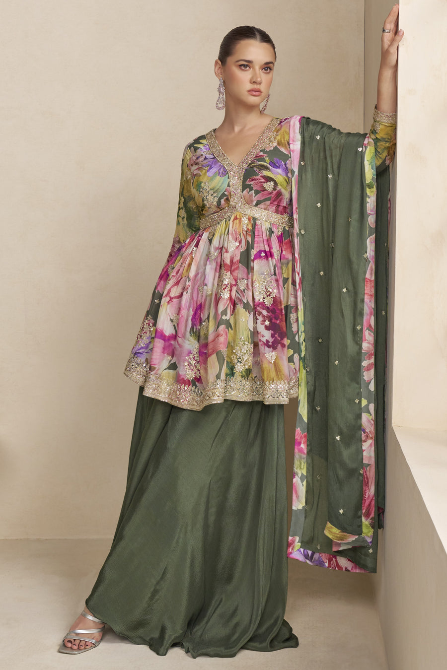 Green Chinon Silk Floral Plazo Suit For Indian & Pakistani Wedding Festival - Thread & Sequins Embroidery Work, Print Work