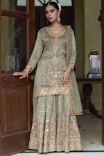 Pista Green Simmer Silk Palazzo Suit For Indian & Pakistani Wedding Festival - Thread & Sequins Embroidery Work