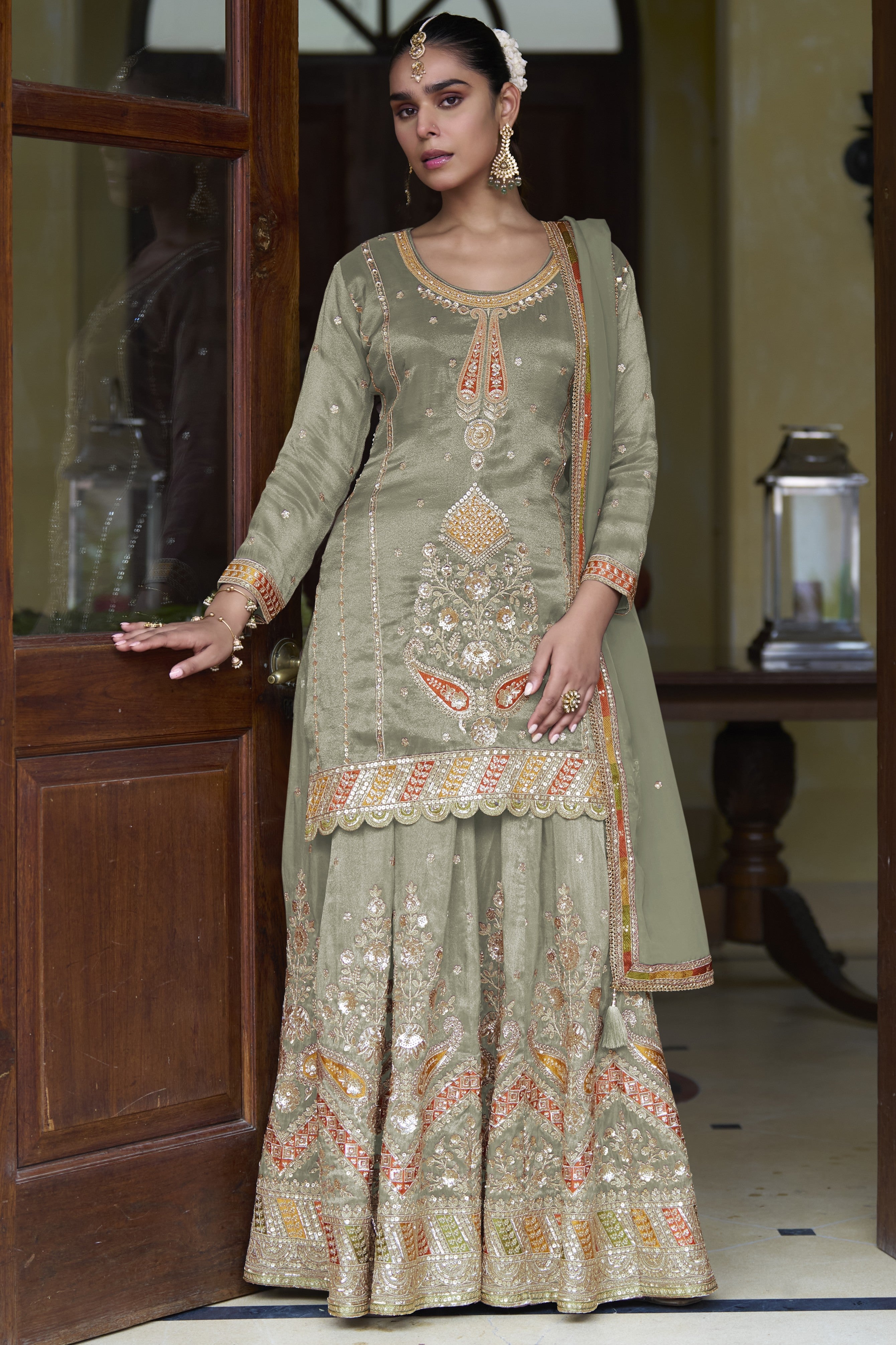 Pista Green Simmer Silk Palazzo Suit For Indian & Pakistani Wedding Festival - Thread & Sequins Embroidery Work