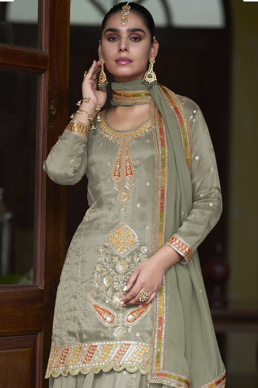 Pista Green Simmer Silk Palazzo Suit For Indian & Pakistani Wedding Festival - Thread & Sequins Embroidery Work