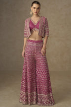 Pink Georgette Palazzo Choli With Jacket For Indian & Pakistani Wedding Festival - Sequins Embroidery Work, Stone Work