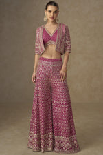 Pink Georgette Palazzo Choli With Jacket For Indian & Pakistani Wedding Festival - Sequins Embroidery Work, Stone Work
