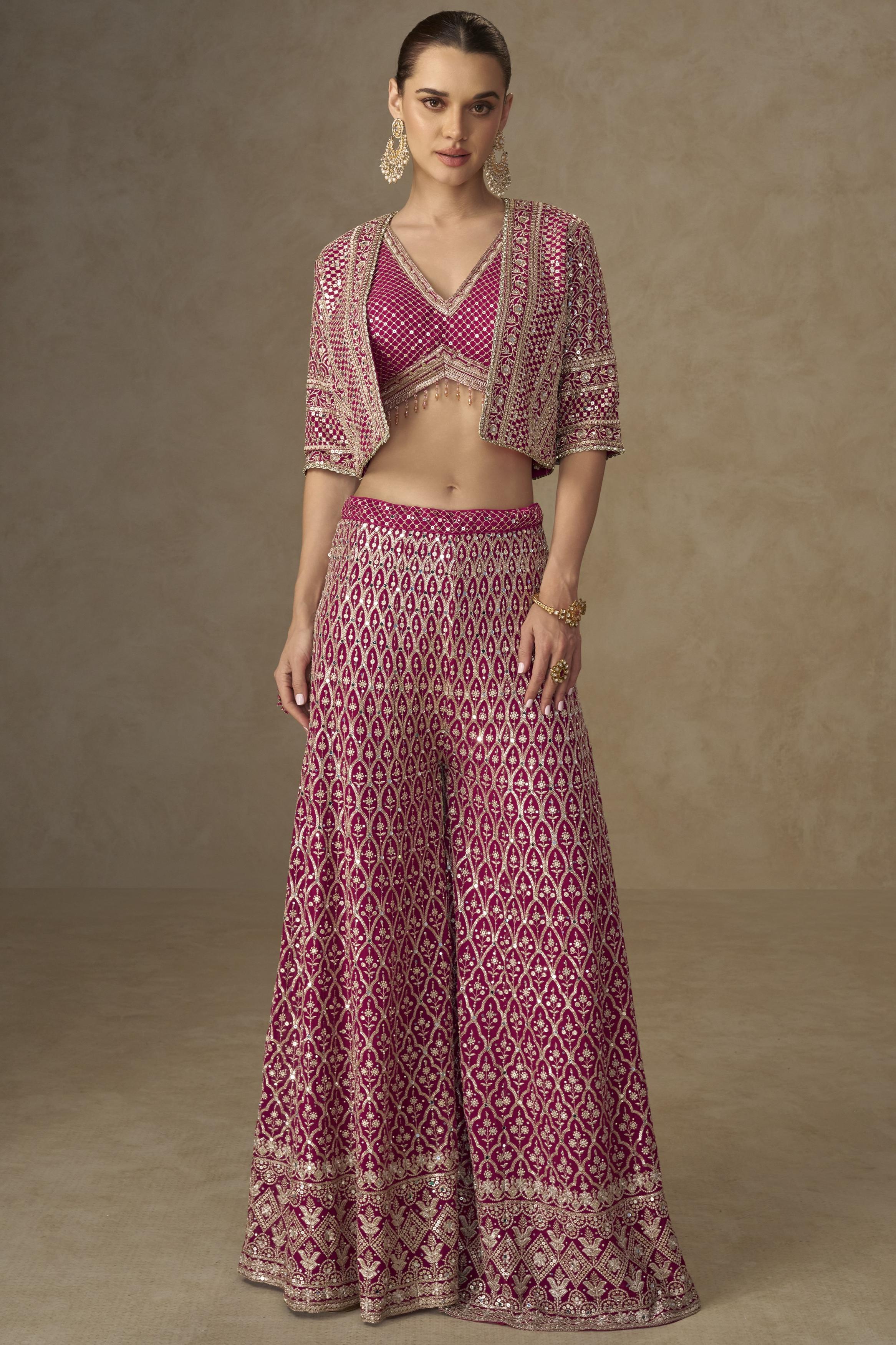 Pink Georgette Palazzo Choli With Jacket For Indian & Pakistani Wedding Festival - Sequins Embroidery Work, Stone Work