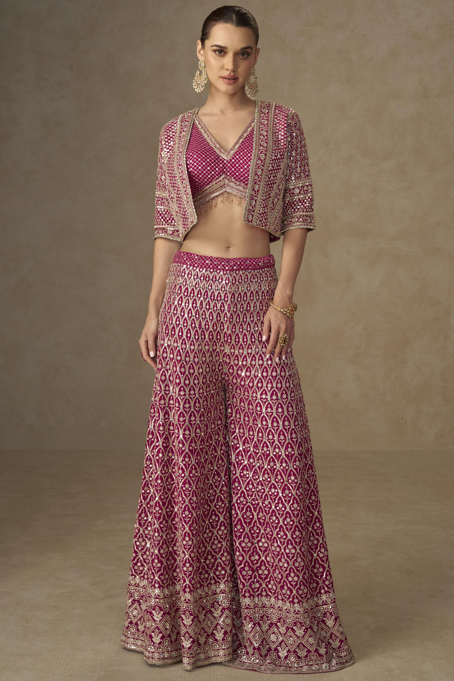 Pink Georgette Palazzo Choli With Jacket For Indian & Pakistani Wedding Festival - Sequins Embroidery Work, Stone Work