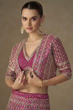 Pink Georgette Palazzo Choli With Jacket For Indian & Pakistani Wedding Festival - Sequins Embroidery Work, Stone Work