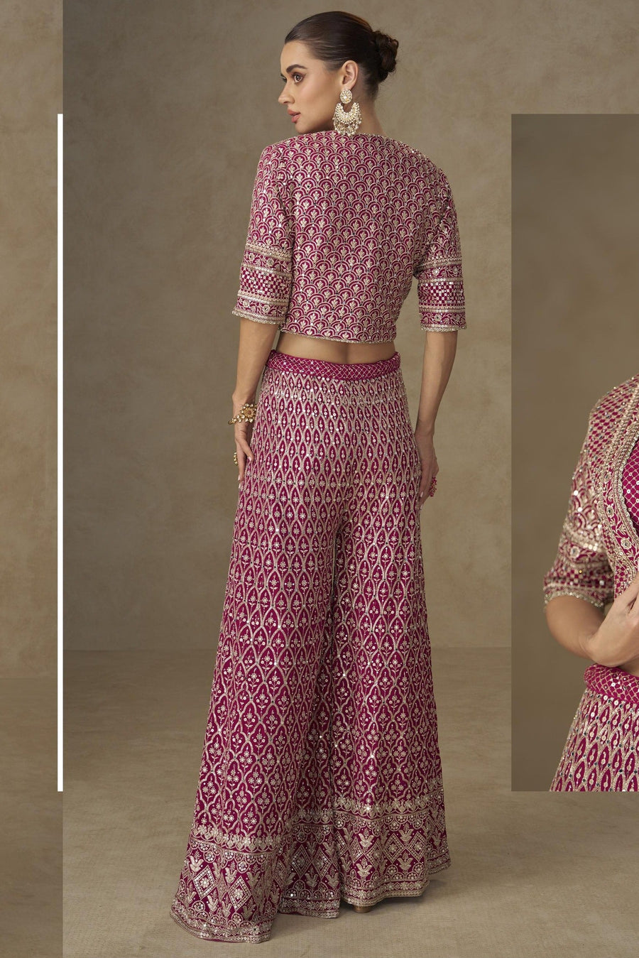 Pink Georgette Palazzo Choli With Jacket For Indian & Pakistani Wedding Festival - Sequins Embroidery Work, Stone Work