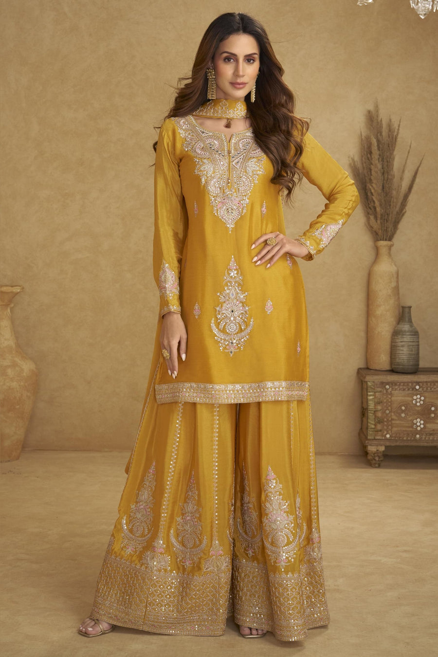 Mustard Chinon Silk Plazo Suit For Indian & Pakistani Wedding Festival - Thread & Sequins Embroidery Work