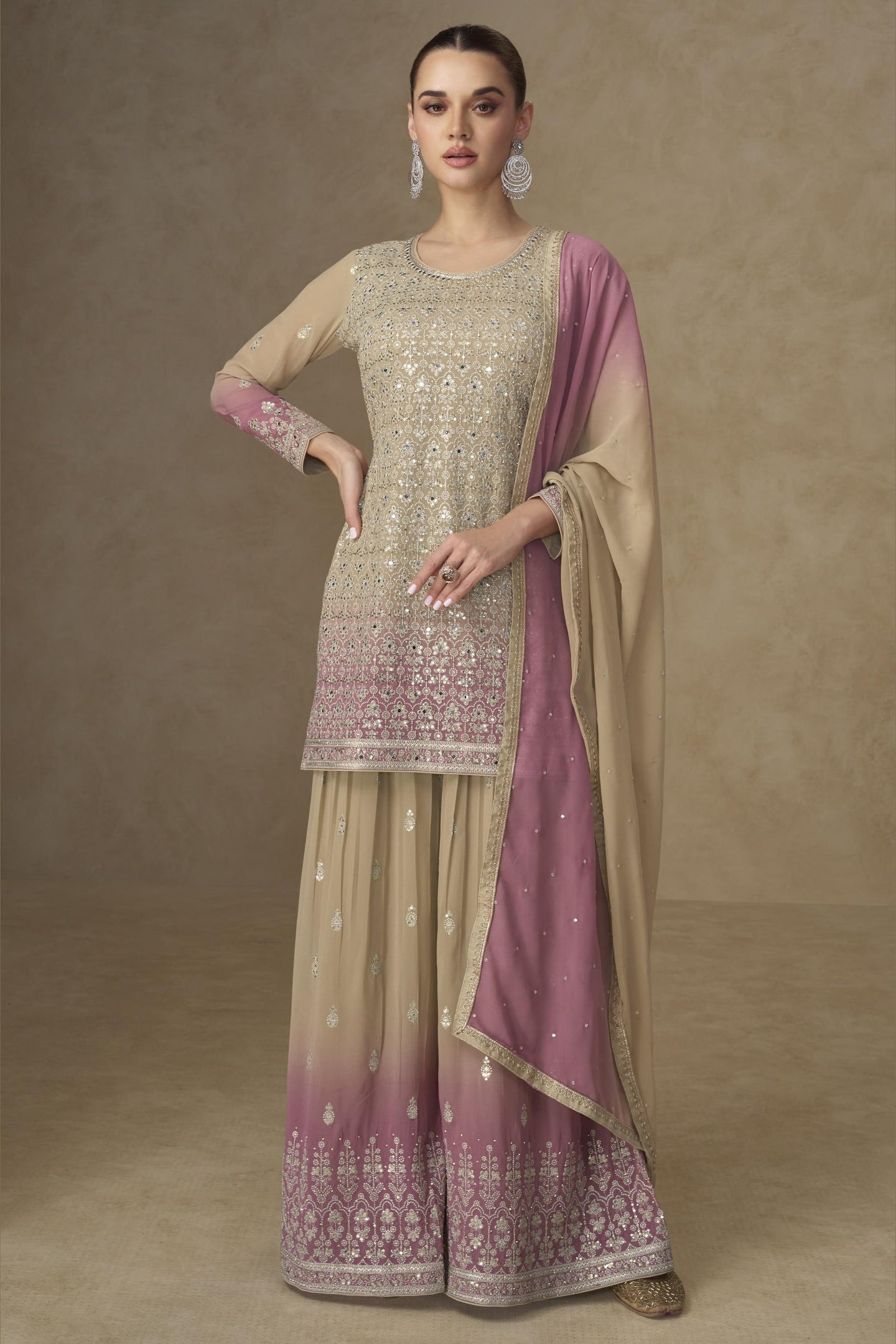 Beige Georgette Dual Color Palazzo Suit For Indian & Pakistani Wedding Festival - Thread & Sequins Embroidery Work