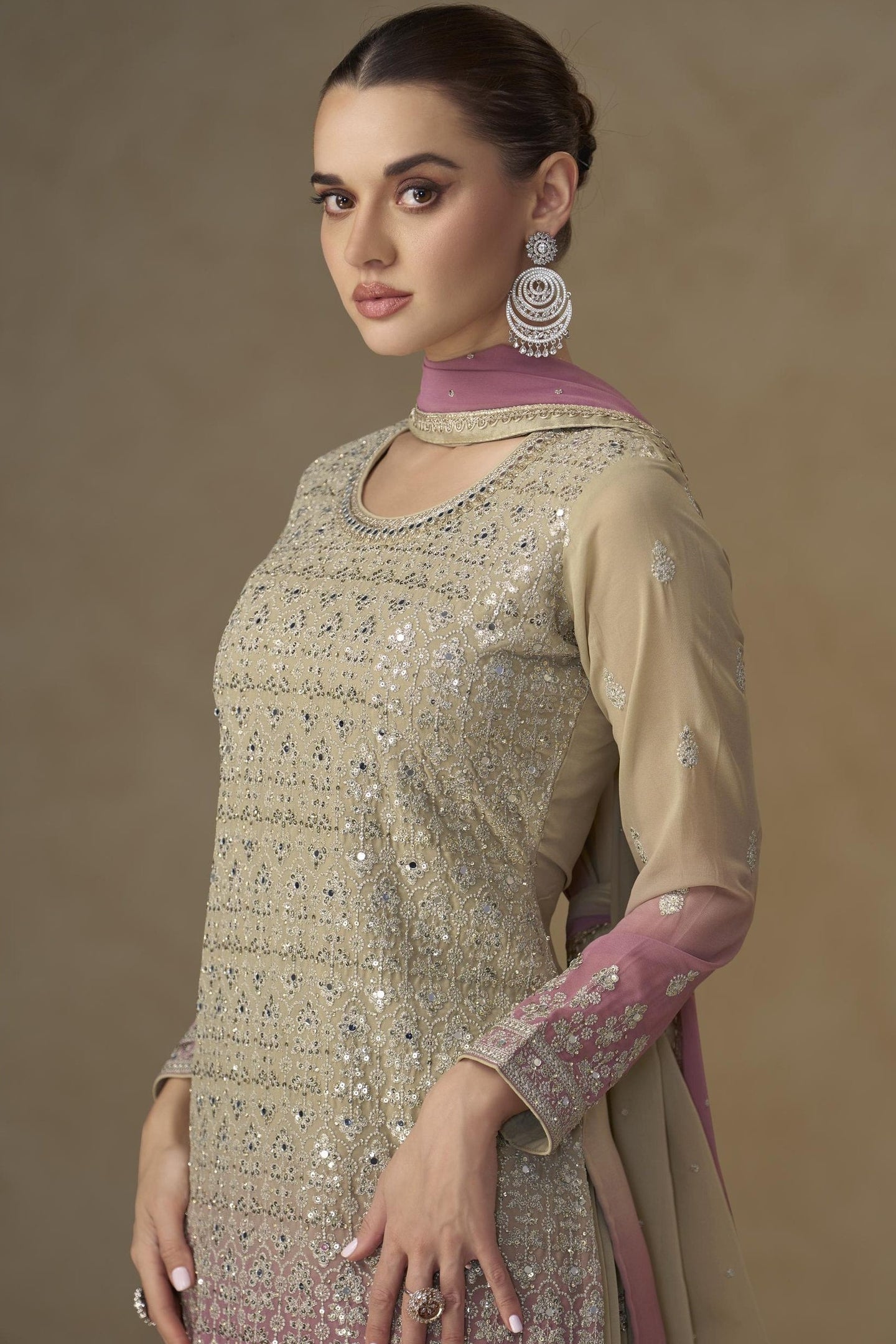 Beige Georgette Dual Color Palazzo Suit For Indian & Pakistani Wedding Festival - Thread & Sequins Embroidery Work