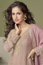 Pale Purple  Georgette Kameez With Palazzo For Indian & Pakistani Wedding Festival - Thread & Sequins Embroidery Work, Swarovski Work
