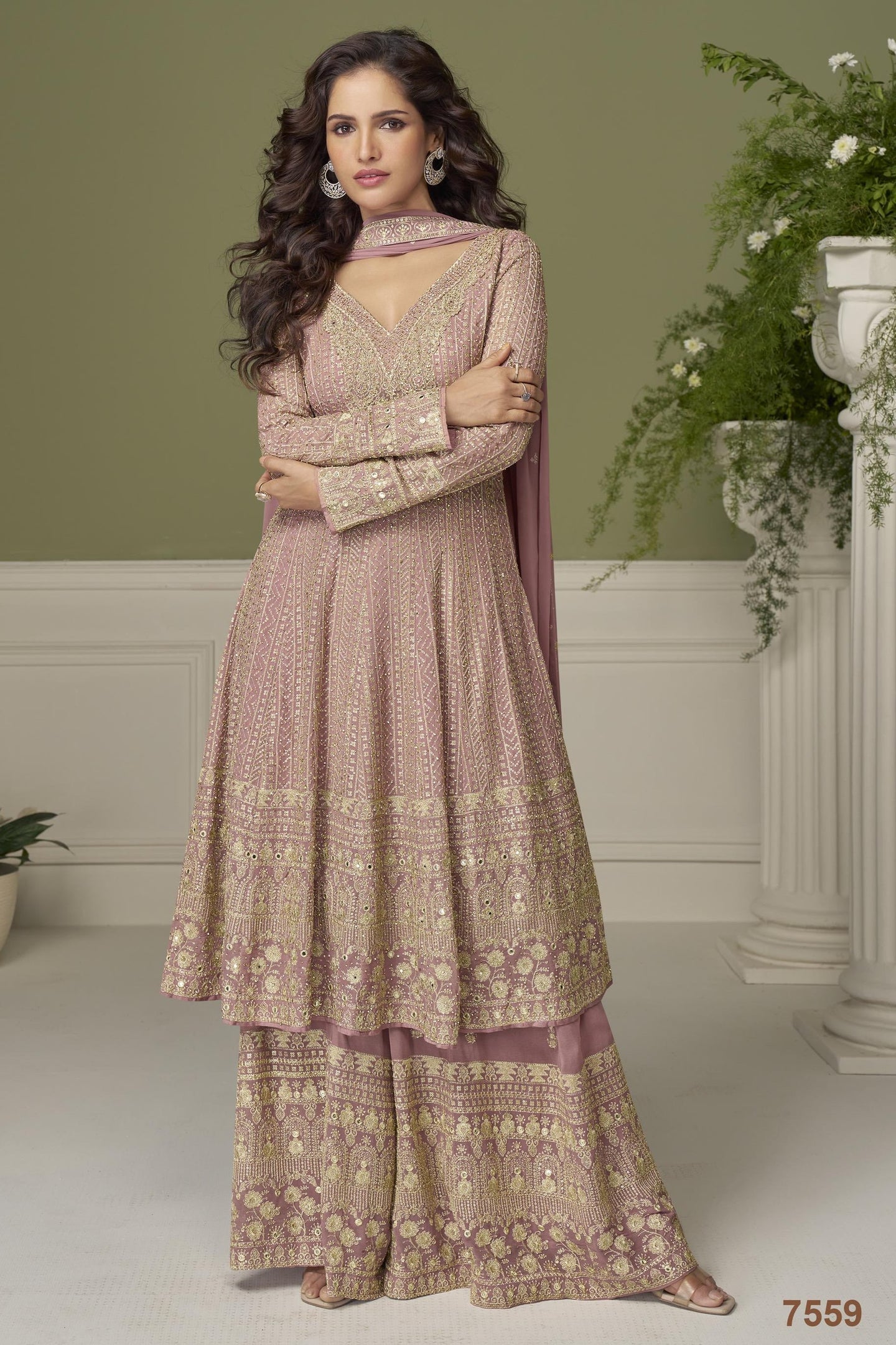 Pale Purple  Georgette Kameez With Palazzo For Indian & Pakistani Wedding Festival - Thread & Sequins Embroidery Work, Swarovski Work