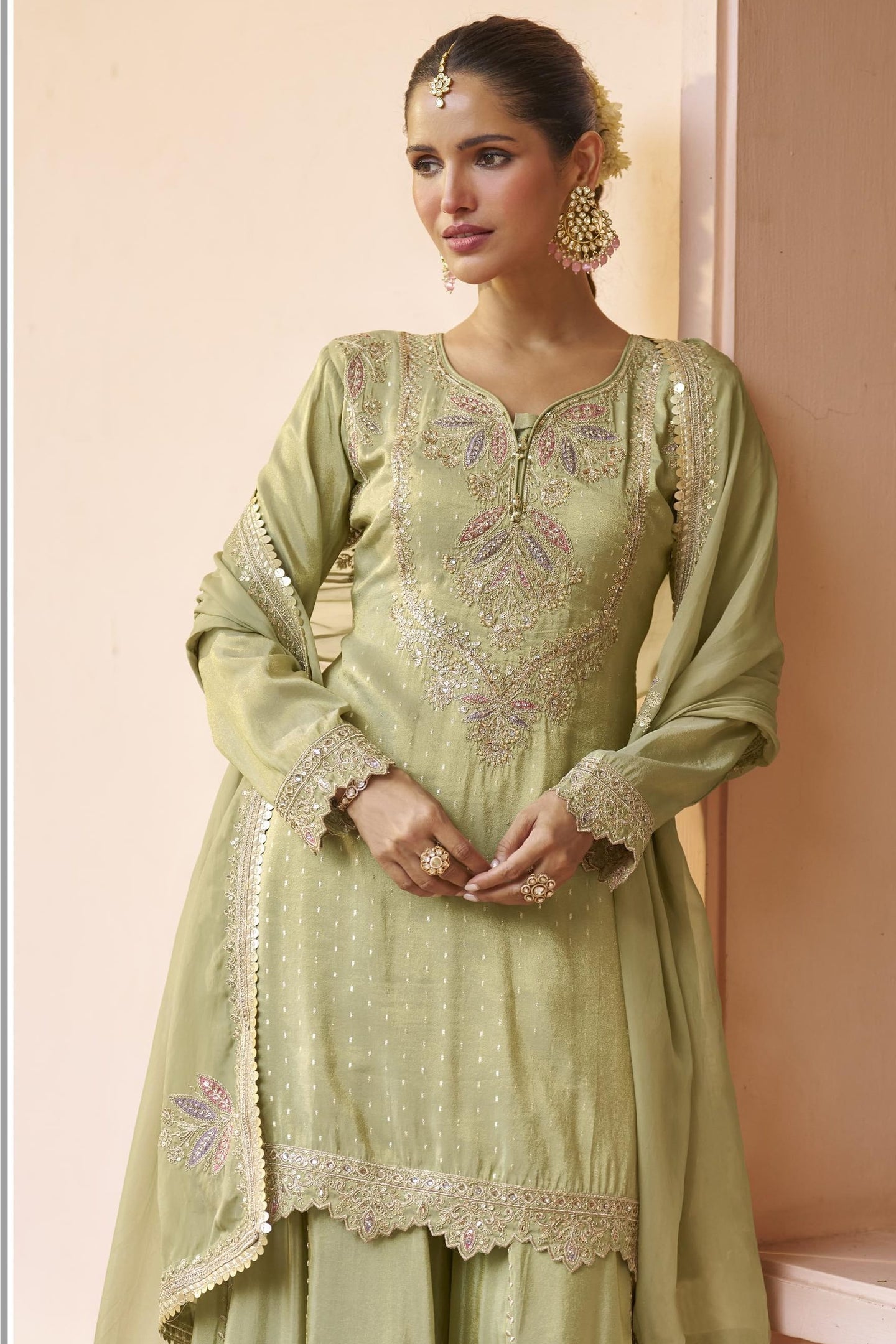 Parrot Green Chinon Silk Plazo Suit For Indian & Pakistani Wedding Festival - Dori Work, Sequence Embroidery Work