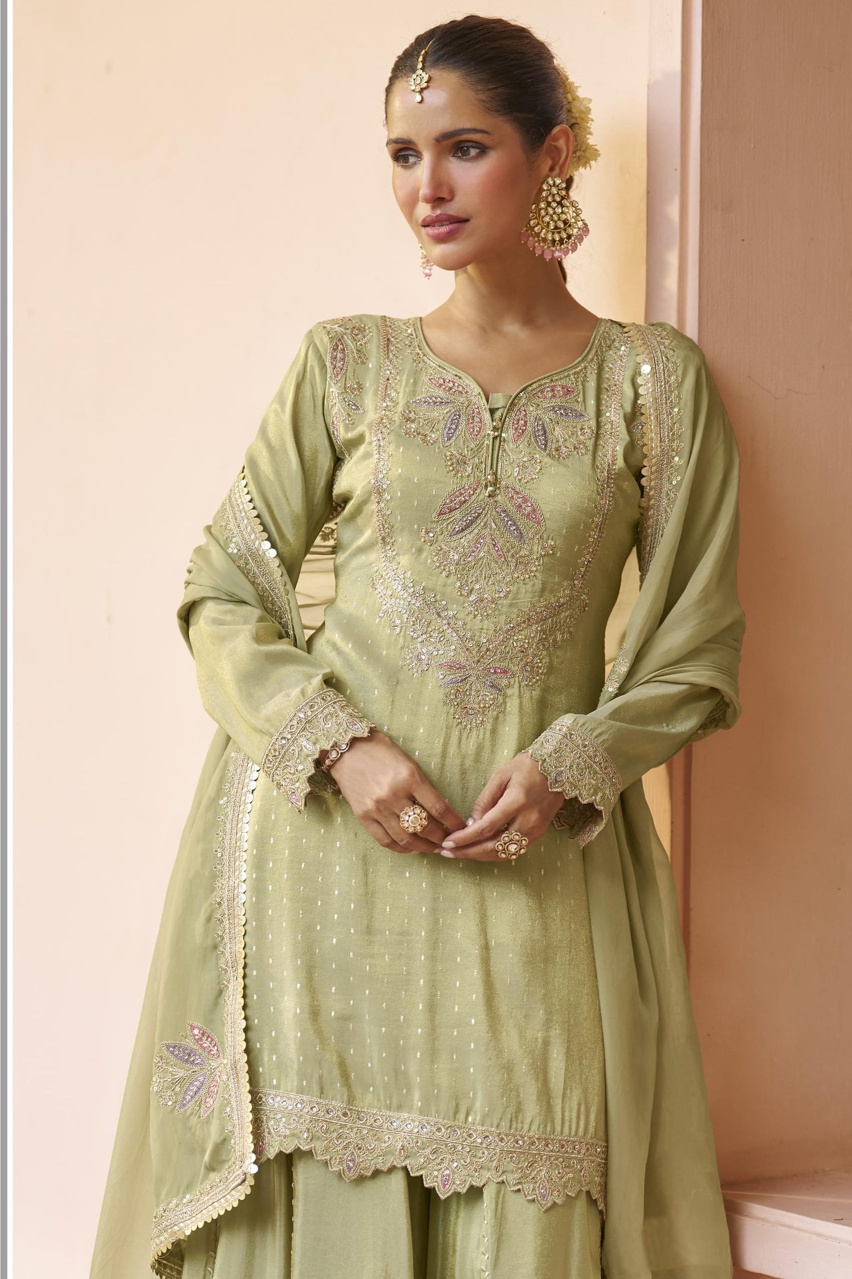 Parrot Green Chinon Silk Plazo Suit For Indian & Pakistani Wedding Festival - Dori Work, Sequence Embroidery Work