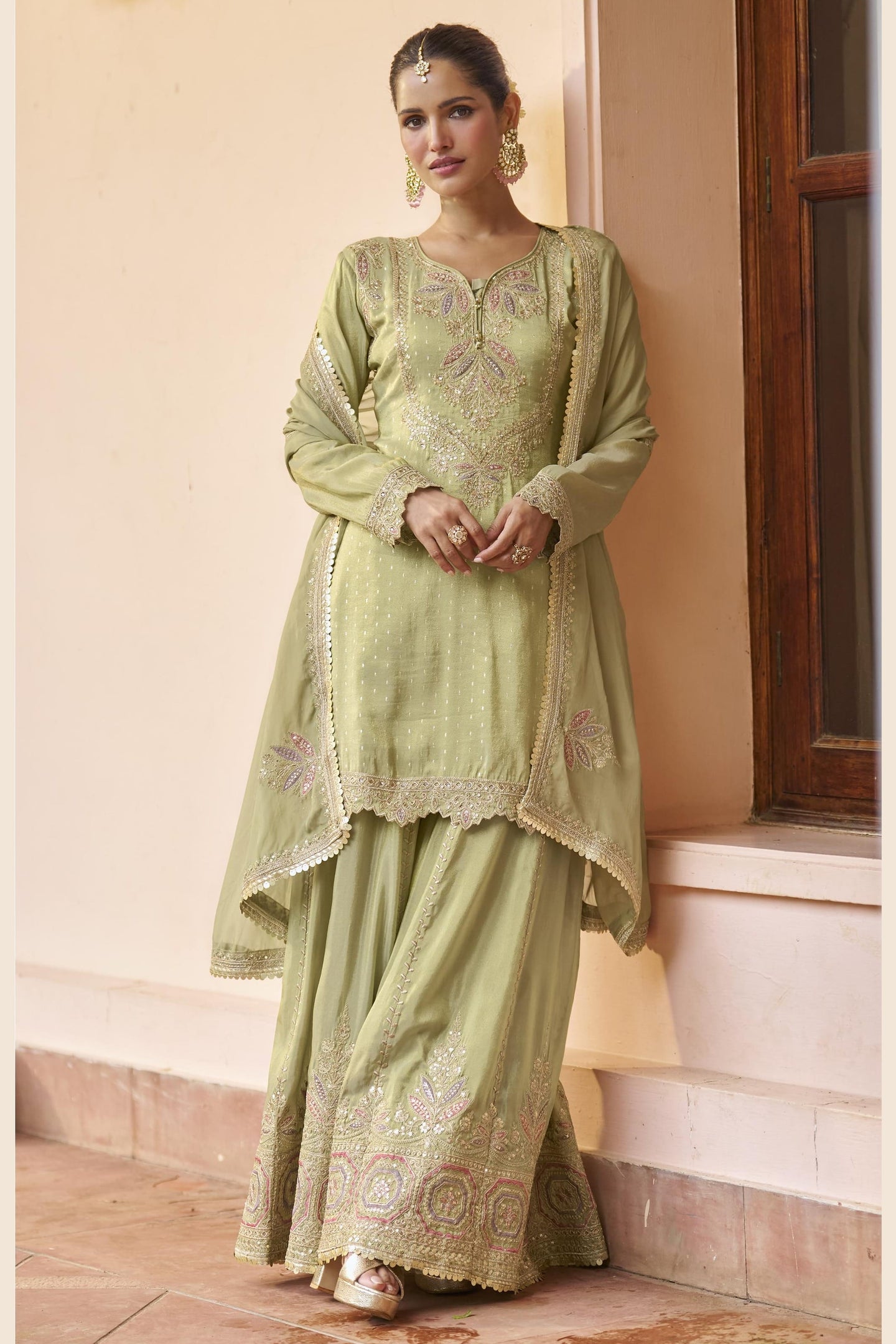 Parrot Green Chinon Silk Plazo Suit For Indian & Pakistani Wedding Festival - Dori Work, Sequence Embroidery Work