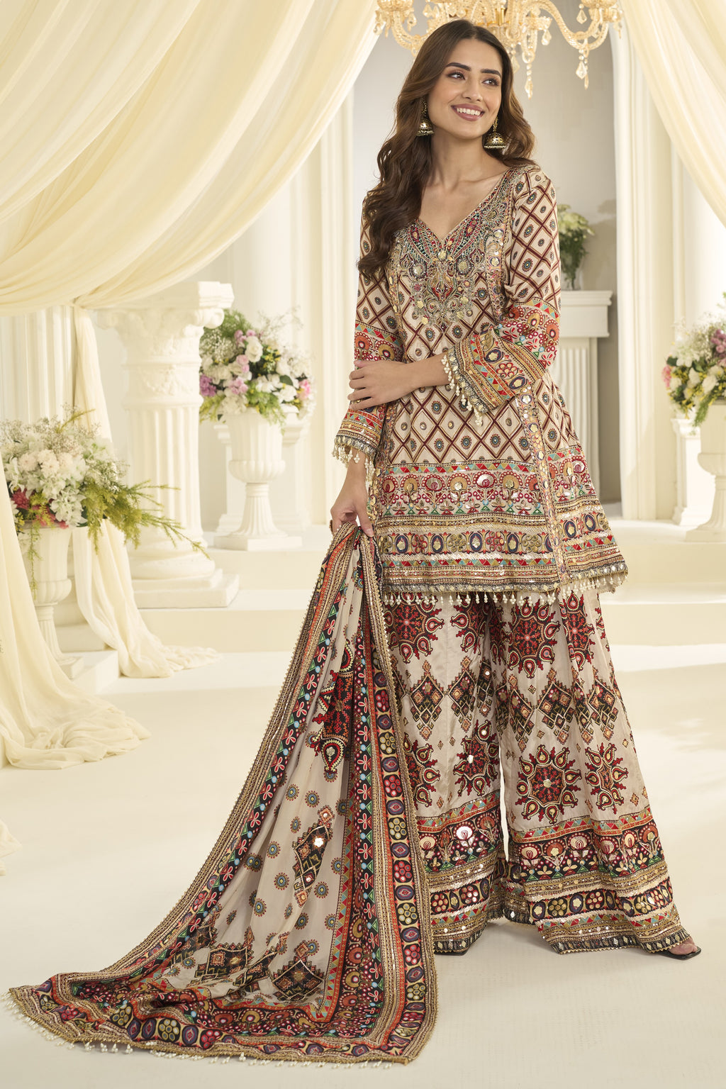 Camel Beige Pakistani Traditional Dress Plazo Suit - Aari, Gota Patti & Print Work