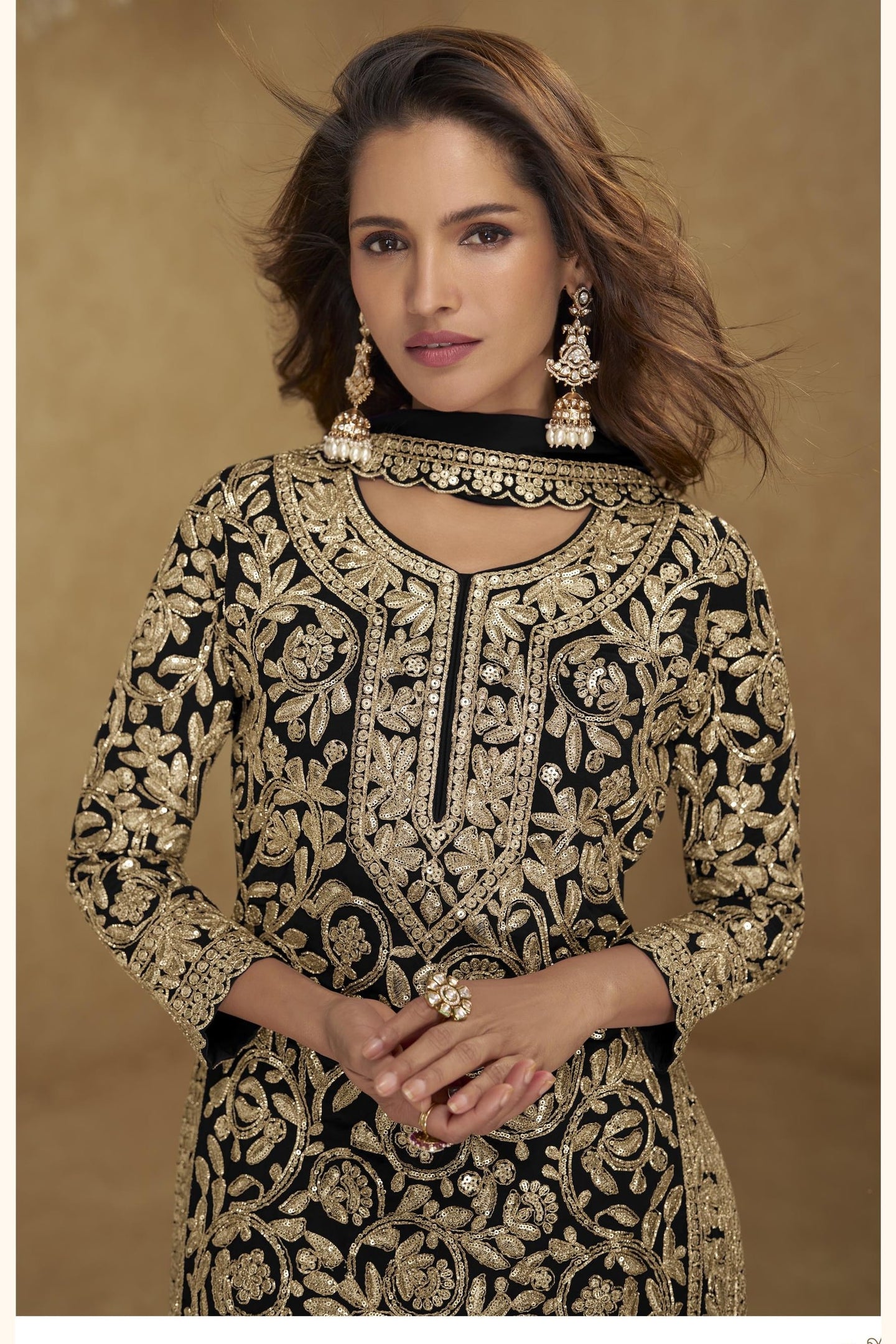 Embroidered Suit for Womens | Black Georgette Sequin Plazo Set