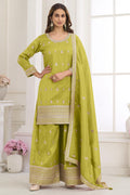 Olive Green Wedding Guest Outfit Palazzo Suit in Simmer Silk & Embroidery Work 