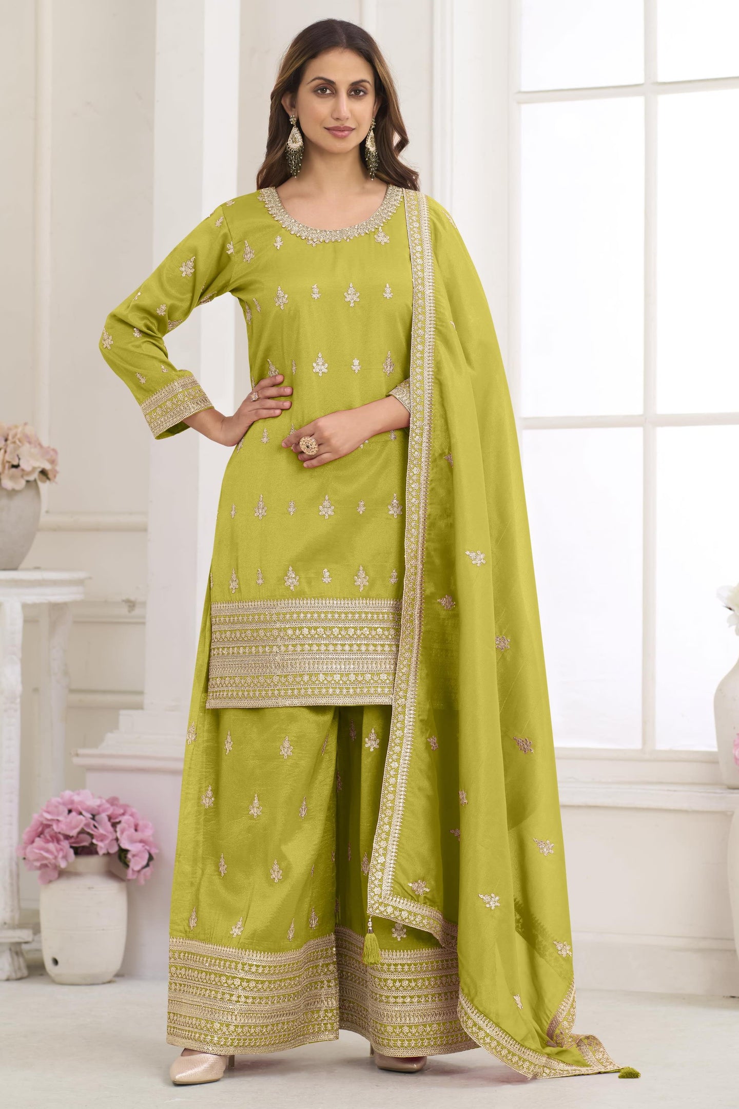 Olive Green Wedding Guest Outfit Palazzo Suit in Simmer Silk & Embroidery Work