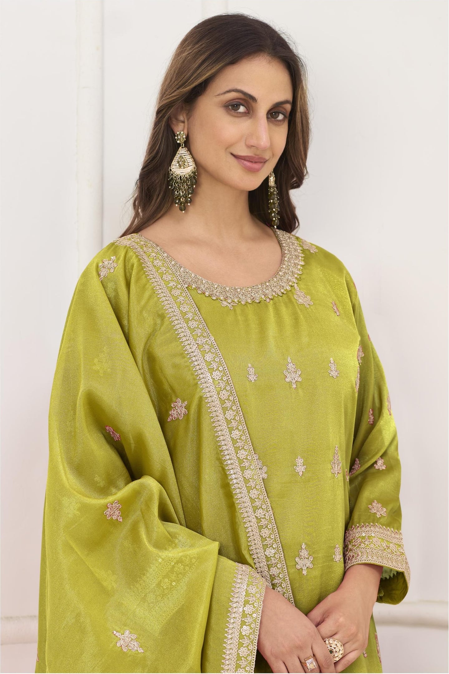 Olive Green Wedding Guest Outfit Palazzo Suit in Simmer Silk & Embroidery Work