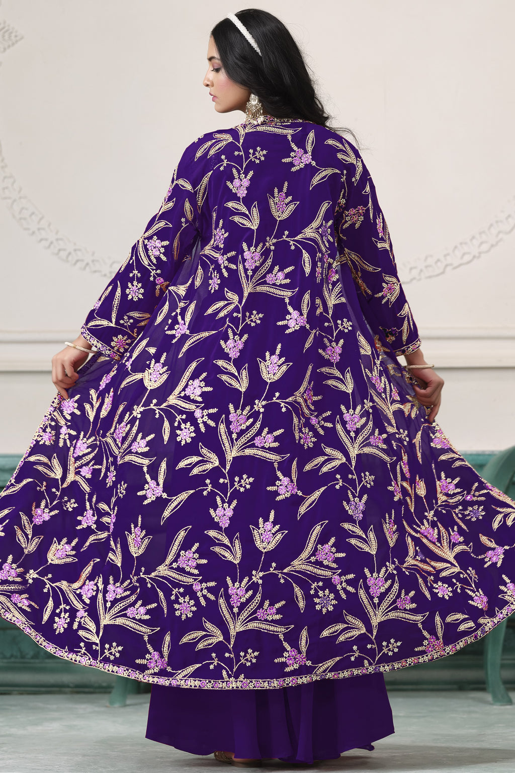 Purple Georgette Palazzo with Choli & Jacket For Wedding & Indian Festival - Embroidery Work