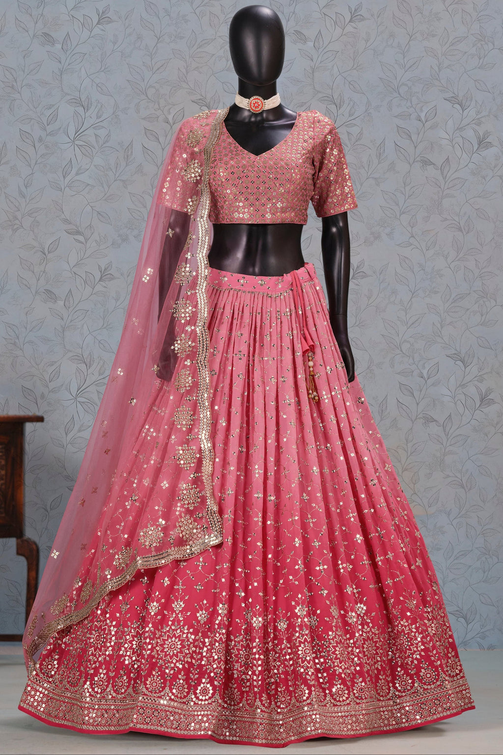 Pink Georgette Dual Tone Lehenga Choli For Indian & Pakistani Wedding Festival - Sequins Embroidery Work, Zari Work