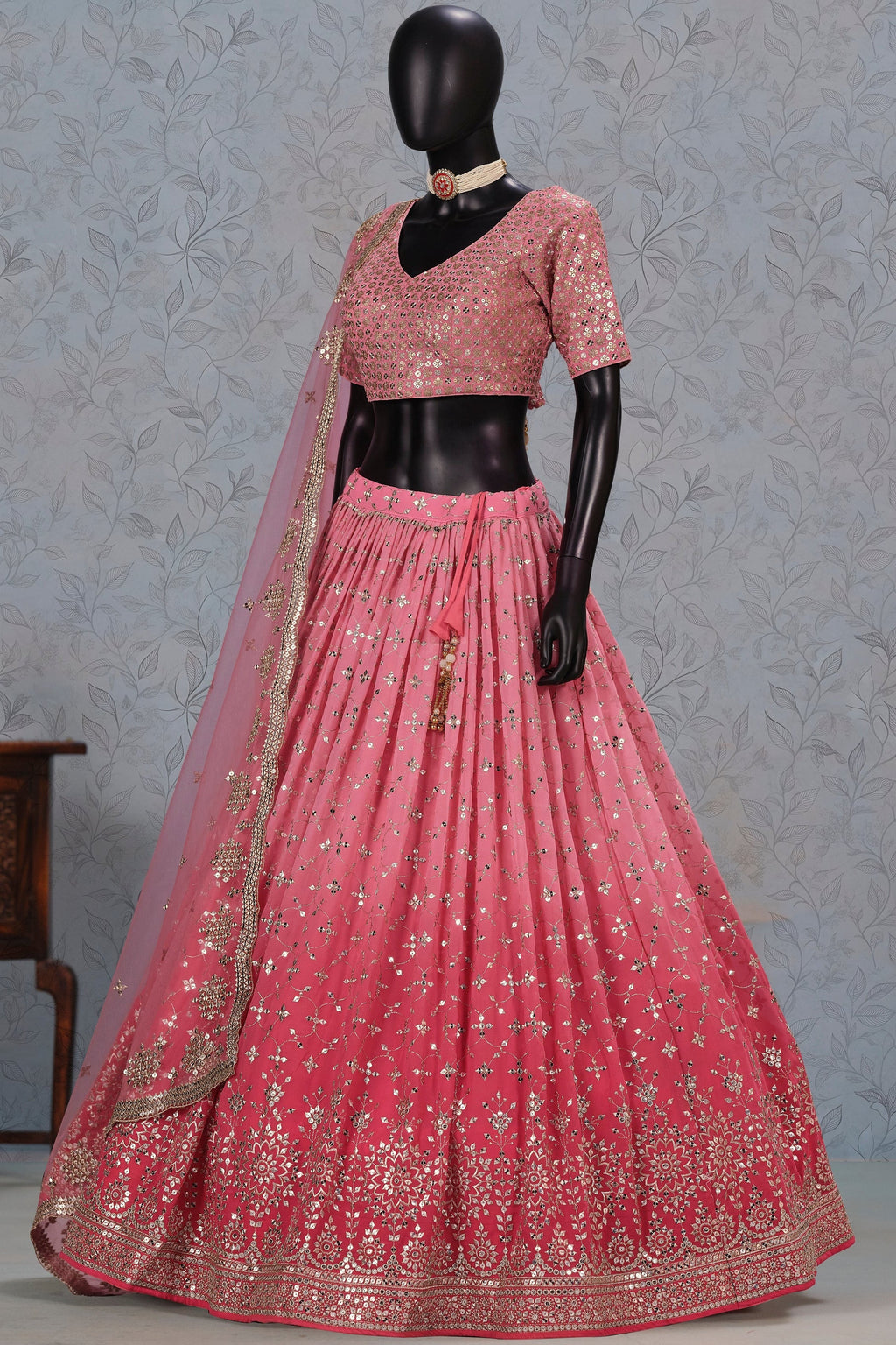 Pink Georgette Dual Tone Lehenga Choli For Indian & Pakistani Wedding Festival - Sequins Embroidery Work, Zari Work