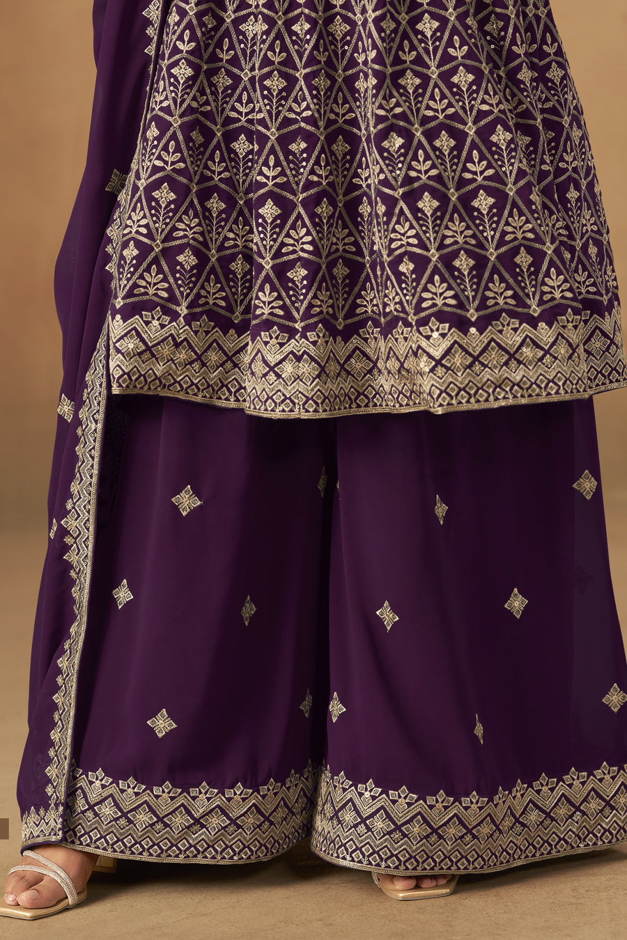 Purple Georgette Plazo Suit For Indian & Pakistani Wedding Festival - Thread & Sequins Embroidery Work