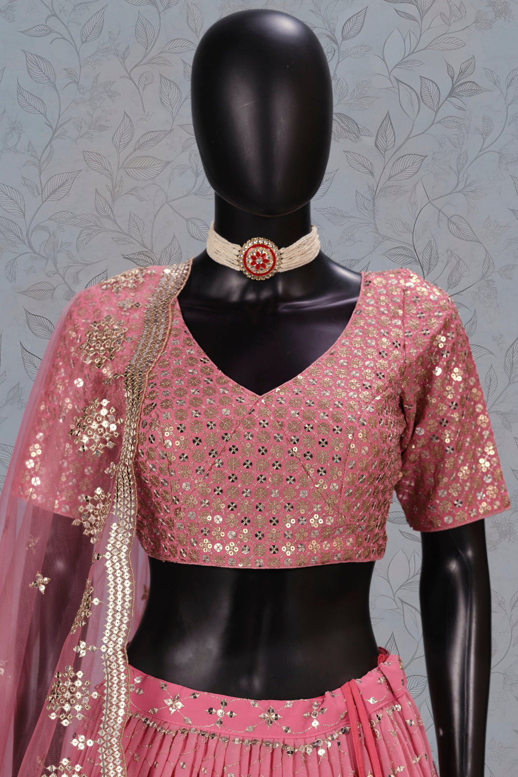 Pink Georgette Dual Tone Lehenga Choli For Indian & Pakistani Wedding Festival - Sequins Embroidery Work, Zari Work